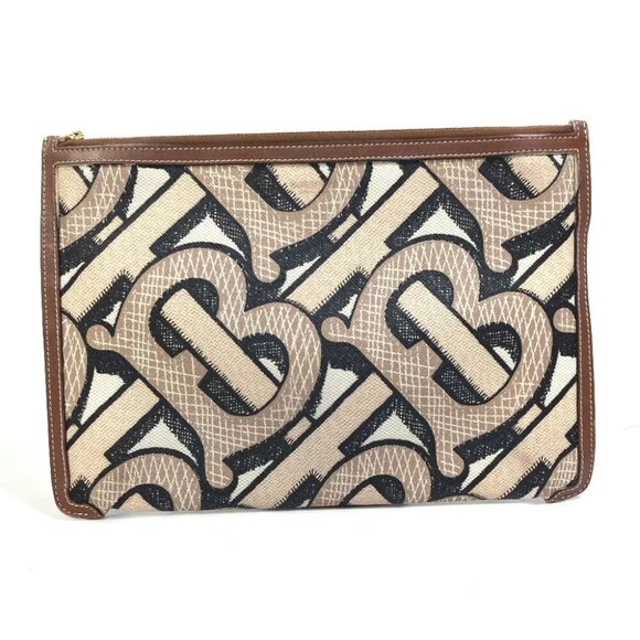 BURBERRY bag TB whole pattern fastener zip Clutch bag PVC/Leather Brown - Picture 2 of 13
